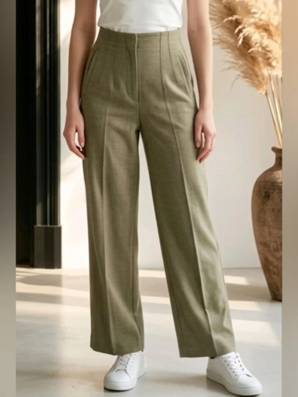 Zara SZ M Olive Green Linen Blend Wide Straight Leg Pants Hip Pockets